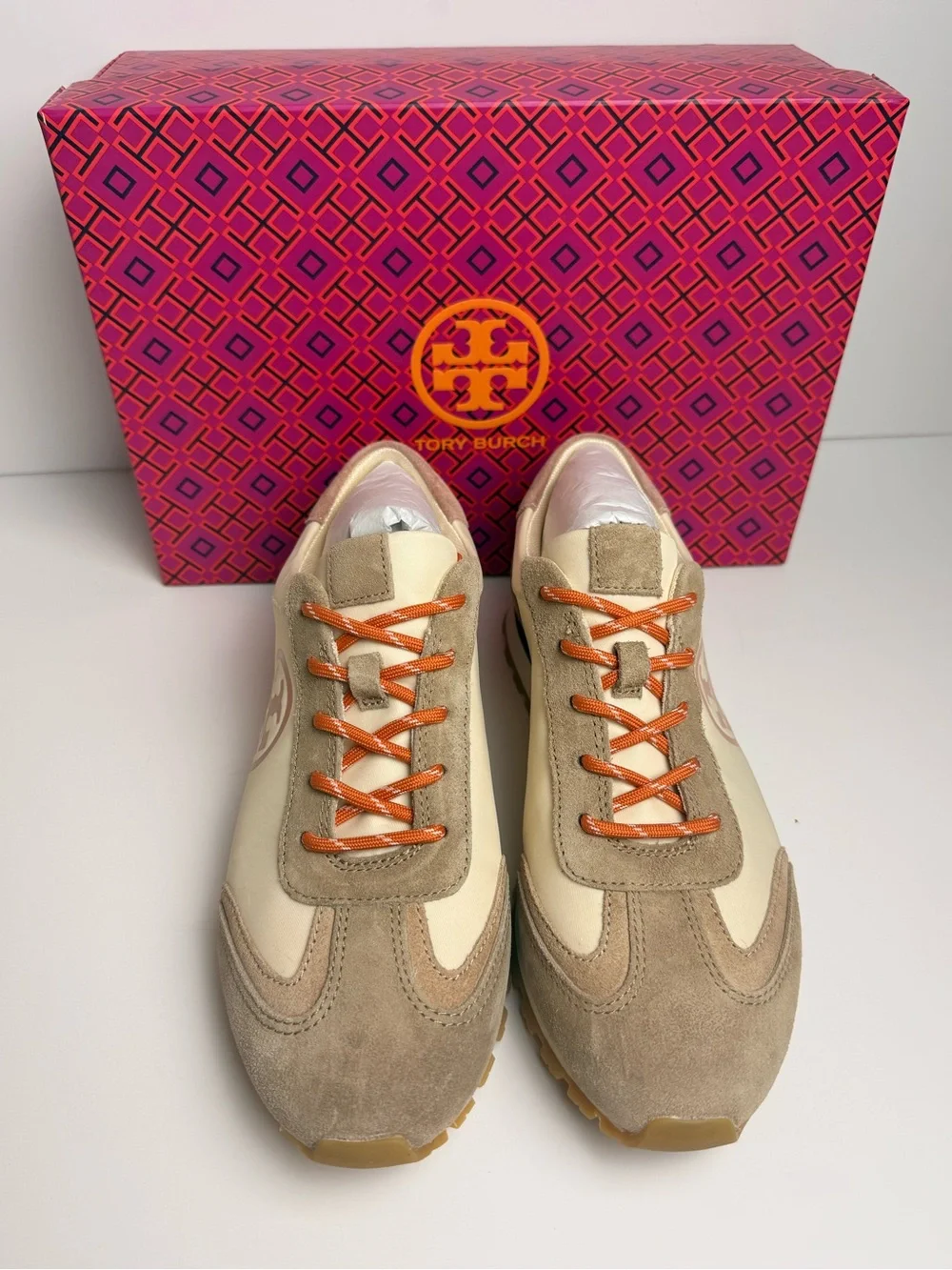 Tory Burch Annie Nylon Runner Sneakers New Cream Noisette Malva Suede US 9
